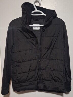Youth XL Old Navy Black Quilted Hooded Puffer Jacket with Jersey Sleeves